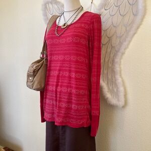 2000s Aerie Red Pink Fair Isle‎ Snowflake Thermal Long Sleeve Top Waffle Knit
